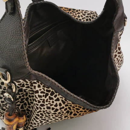 Gucci Jackie Vintage Large Leopard Print Pony-style Calfskin Brown Leather Shoulder Bag