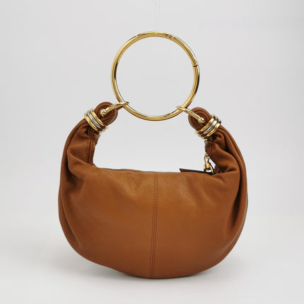 CHLOÉ Bracelet Hobo Embellished Brown Glossed Textured-leather Shoulder Bag