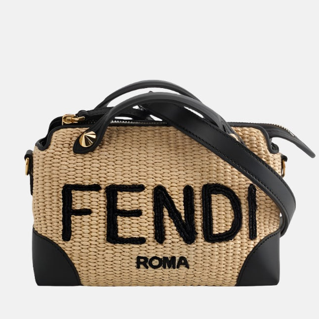 Fendi By The Way Mini Raffia Straw Black Leather Crossbody Bag-Luxbags