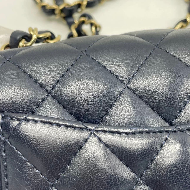 Chanel Classic Flap Mini Rectangular Navy Lambskin Leather Gold Hardware Microchip