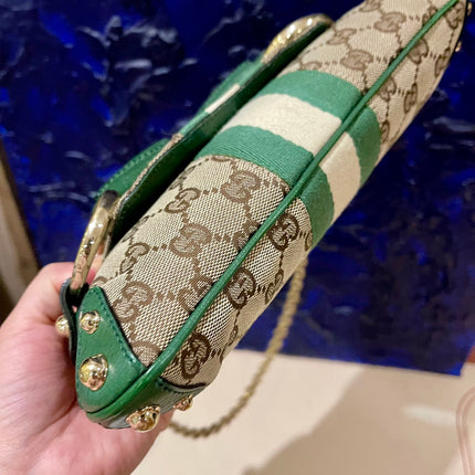 Gucci Horsebit 1955 Chain Bag Gucci Monogram Green Leather and Gold Studs