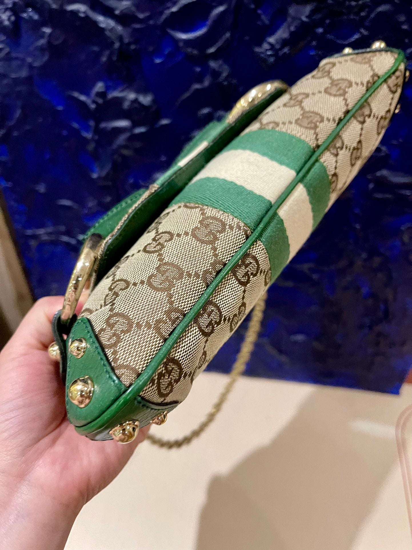 Gucci Horsebit 1955 Chain Bag Gucci Monogram Green Leather and Gold Studs