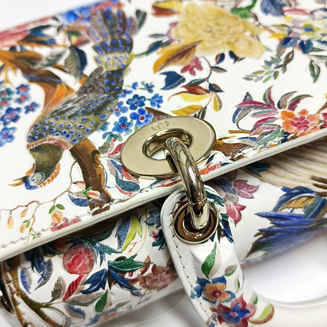 Lady D-Joy Medium Bird and Flower Embroidery Calfskin Leather