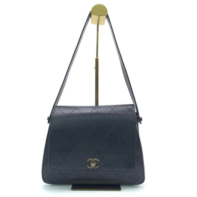 Chanel Vintage Kelly Style Black Leather Shoulder Bag Diamond Stitch Medium