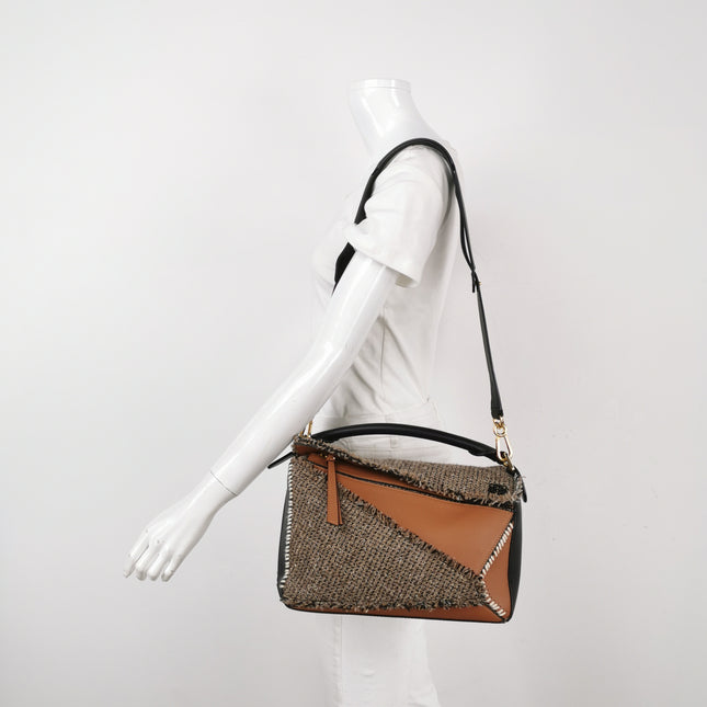 Loewe Puzzle Medium Brown Leather and Tweed Shoulder Bag
