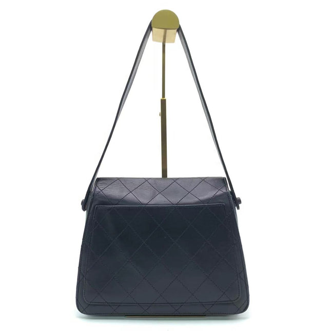 Chanel Vintage Kelly Style Black Leather Shoulder Bag Diamond Stitch Medium