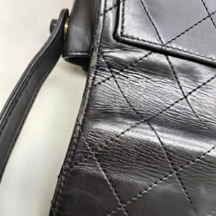 Chanel Vintage Kelly Style Black Leather Shoulder Bag Diamond Stitch Medium