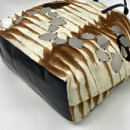Fendi Brown and White Zebra Print Ponyhair Tote with Metal Plates