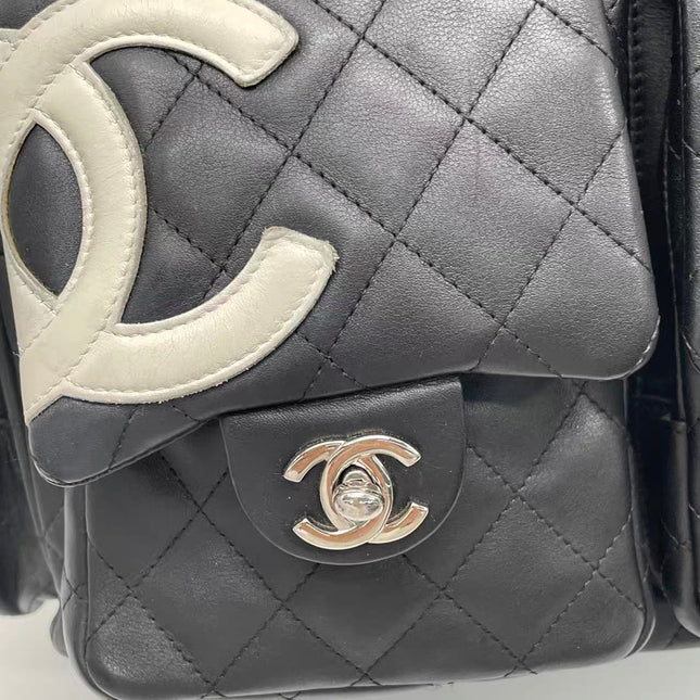 Chanel Cambon Multi-pocket Ligne Reporter Bag Large Black Calfskin Leather White Logo
