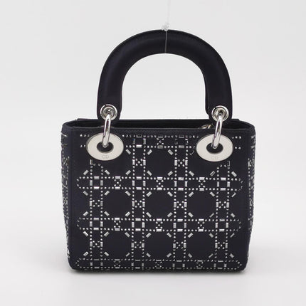 Lady Dior Mini Black Silk with Crystals Silver Hardware