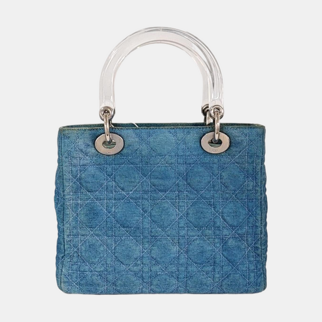 Lady Dior Vintage Medium Blue Jeans PVC Handles Silver Hardware With Strap