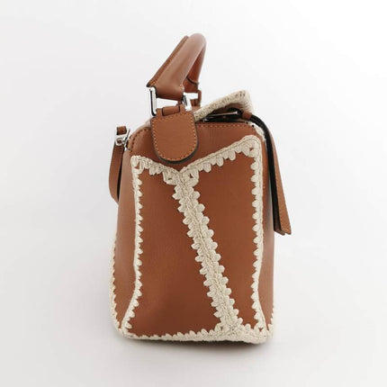 Loewe Puzzle Calfskin Crochet Trim Medium Caramel Tan Leather Bag