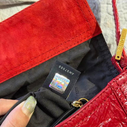 FENDI Baguette Red Crinkled Patent Leather Shoulder Bag