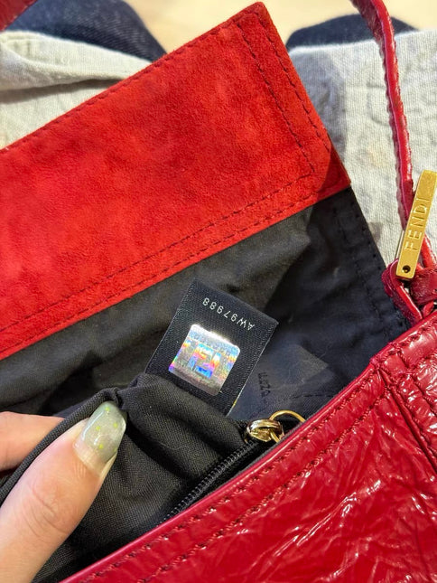 FENDI Baguette Red Crinkled Patent Leather Shoulder Bag
