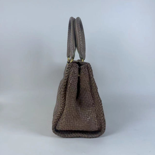 Prada Madras Brown Woven Leather Top Handle Shopping Tote Medium