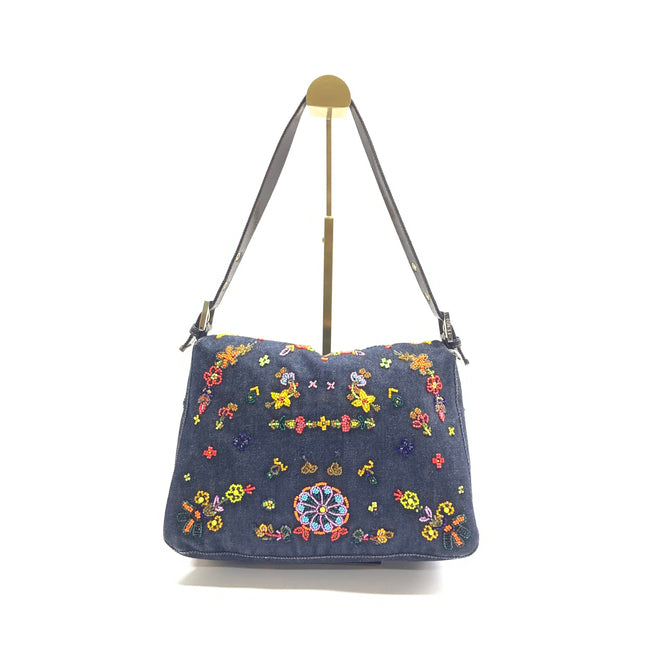 FENDI Mamma Baguette Blue Denim with Floral Beads Vintage
