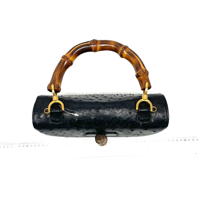 Rare Gucci Bamboo 1947 Vintage Ostrich Leather Medium Black With Strap