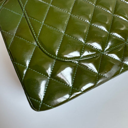 Chanel Classic Flap Jumbo Large Green Patent Leather Silver Hardware