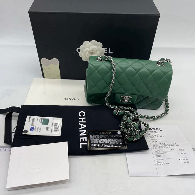 Chanel Classic Flap Mini 2019 Green Lambskin Leather Silver Hardware