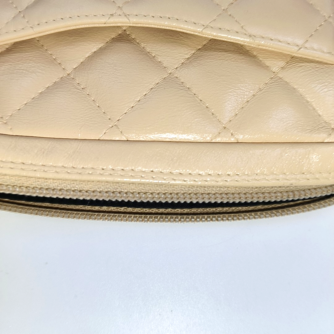 Chanel Cambon Clutch Shoulder Bag Beige Calfskin Leather Black Strap