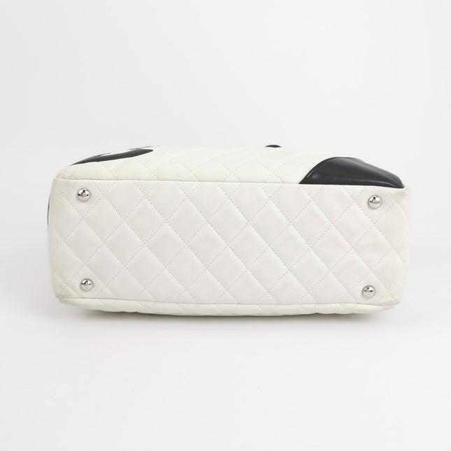Chanel Cambon Medium Shoulder Bag White Calfskin Leather Black Double Strap