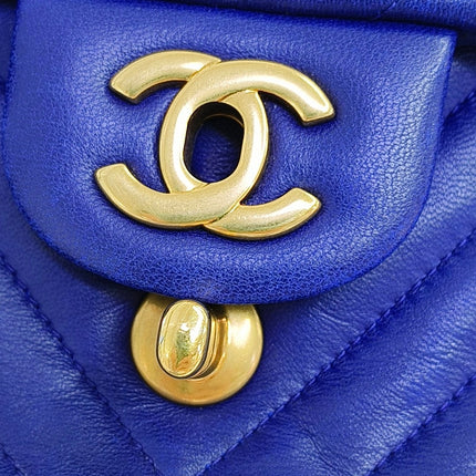 Chanel Classic Flap Mini Square Chevron Stitching Blue Lambskin Gold Hardware Crossbody Bag