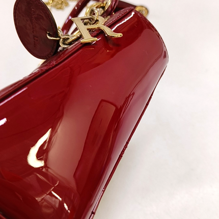 Lady Dior Mini Handbag Burgundy Red Patent Leather Gold-tone Chain Strap
