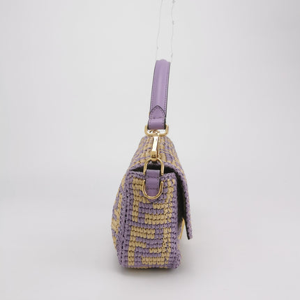 Fendi Baguette Medium Beige Lavender Raffia Leather Crossbody Bag