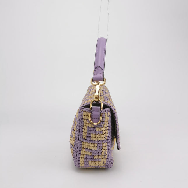 Fendi Baguette Medium Beige Lavender Raffia Leather Crossbody Bag