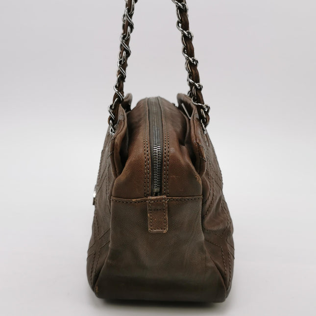 Chanel Brown Diamond Stitch Tote Calfskin Leather Zipper Bowler 2005-2006