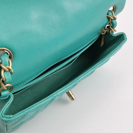 Chanel Classic Flap Mini Turquoise Blue Lambskin Leather Gold Hardware