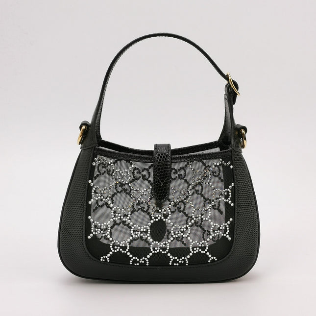 Gucci Jackie 1961 Mini Black Lizard Skin Mesh with Crystals Chain Strap