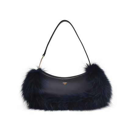 FENDI O Lock Navy Leather and Faux Fur Shoulder Bag