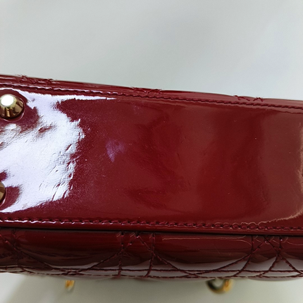 Lady Dior Mini Handbag Burgundy Red Patent Leather Gold-tone Chain Strap