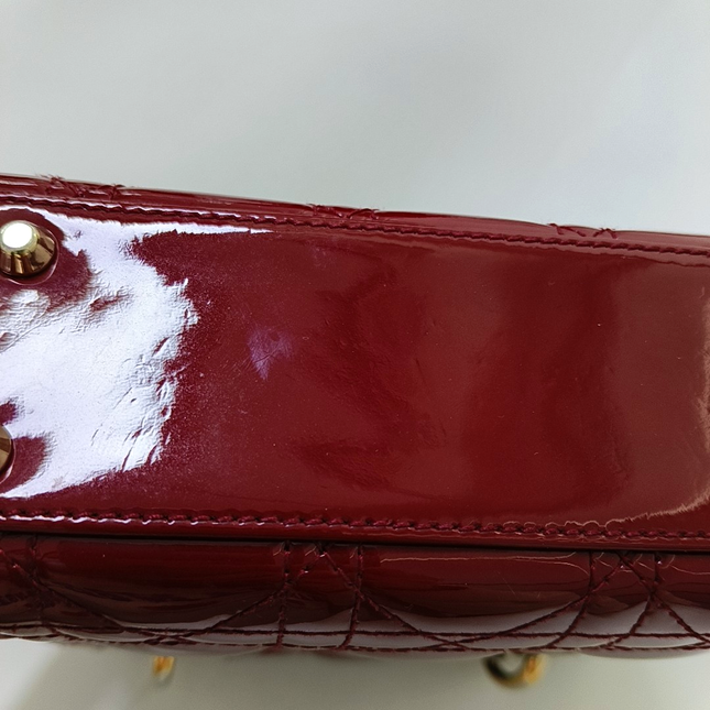 Lady Dior Mini Handbag Burgundy Red Patent Leather Gold-tone Chain Strap