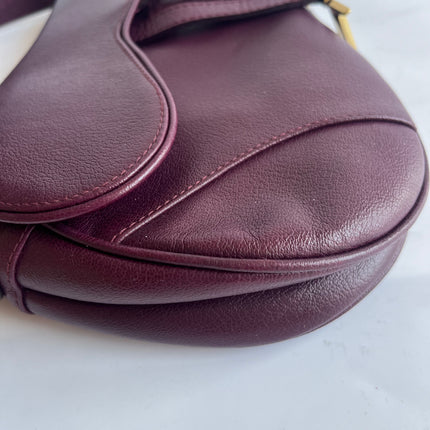 Dior Saddle Vintage Burgundy Purple Wine Calfskin Leather Gold Hardware Shoulder Bag
