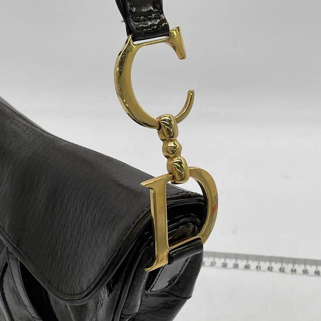 Dior Saddle Small Vintage Shoulder Bag Dark Green Oblique Print Patent Leather
