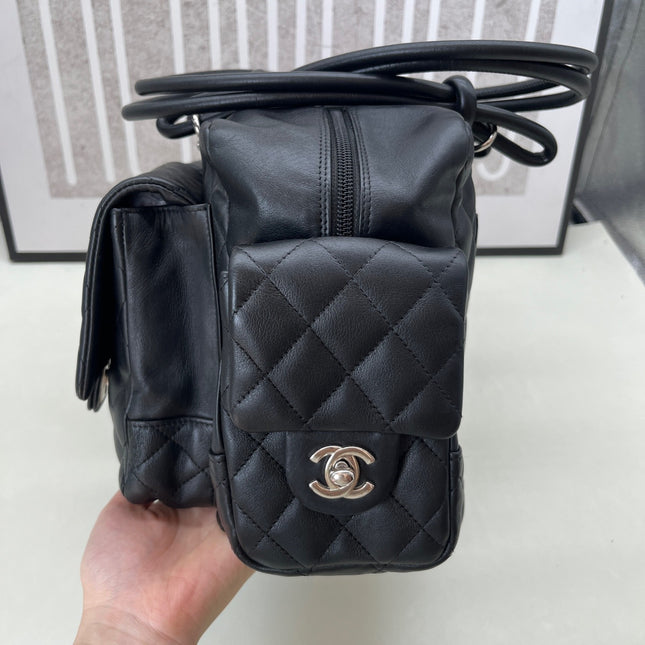 Chanel Cambon Multi-pocket Ligne Reporter Bag Large Black Calfskin Leather White Logo