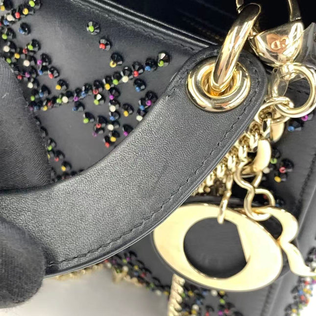 Lady Dior Mini Black Calfskin Leather with Multicolor Crystals Gold Hardware