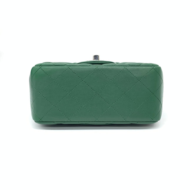 Chanel Classic Flap Mini Square Dark Green Lambskin Crossbody Bag Full Set, 2019