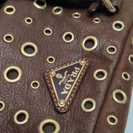 Prada Brown Grommet Calfskin Leather Gold Ringlet Shoulder Bag