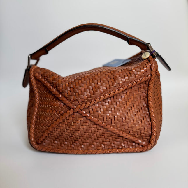 Loewe Puzzle Small Leather Woven Braided Caramel Tan Crossbody Bag