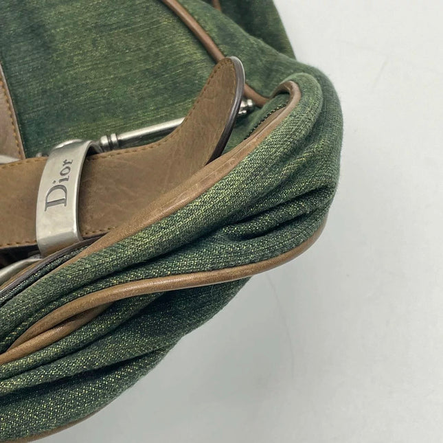 Dior Vintage Gaucho Large Green Denim Brown Leather Crossbody Bag