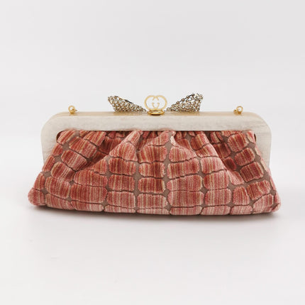 Gucci Crocodile-Pattern Pink Velvet Jacquard Medium Handbag Crystal Ribbon Chain Strap