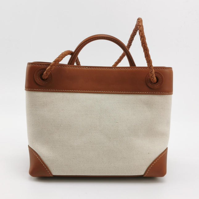 Bottega Veneta Small Andiamo Tan Brown Leather and Beige Canvas Handbag