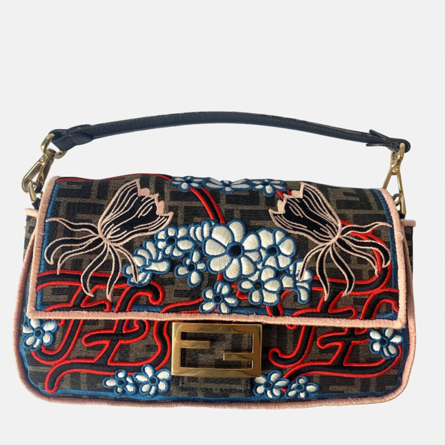 Fendi Baguette Medium Zucca Print with Floral Embroidery Crossbody Bag-Luxbags
