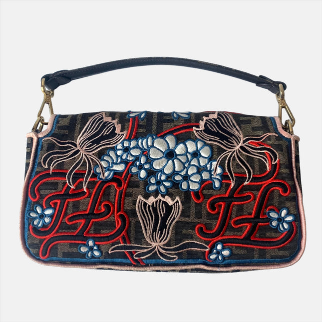 Fendi Baguette Medium Zucca Print with Floral Embroidery Crossbody Bag