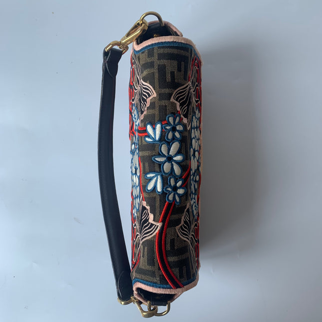 Fendi Baguette Medium Zucca Print with Floral Embroidery Crossbody Bag