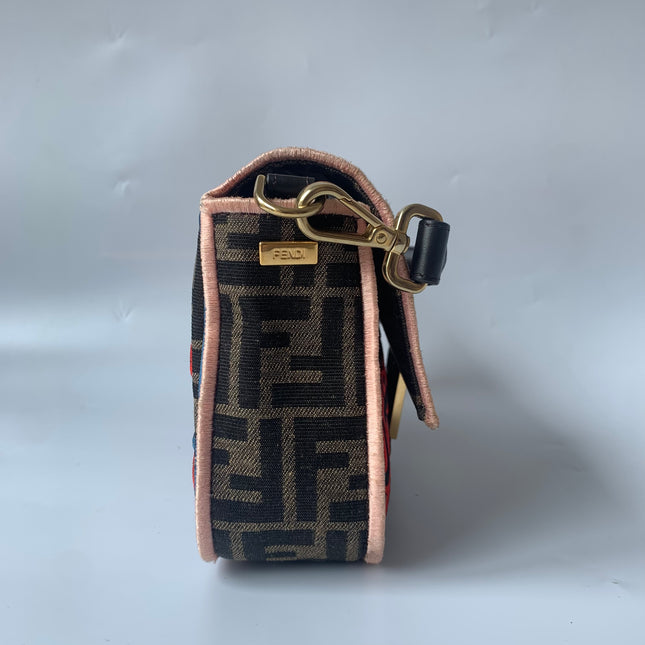 Fendi Baguette Medium Zucca Print with Floral Embroidery Crossbody Bag