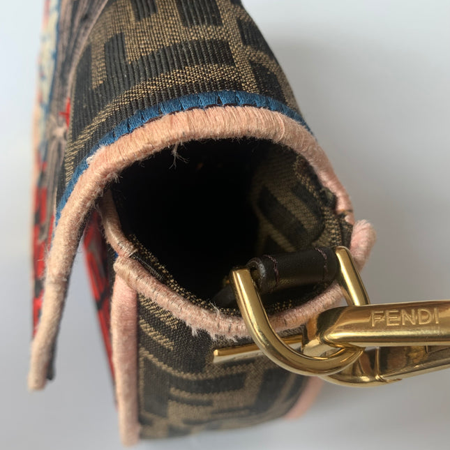 Fendi Baguette Medium Zucca Print with Floral Embroidery Crossbody Bag